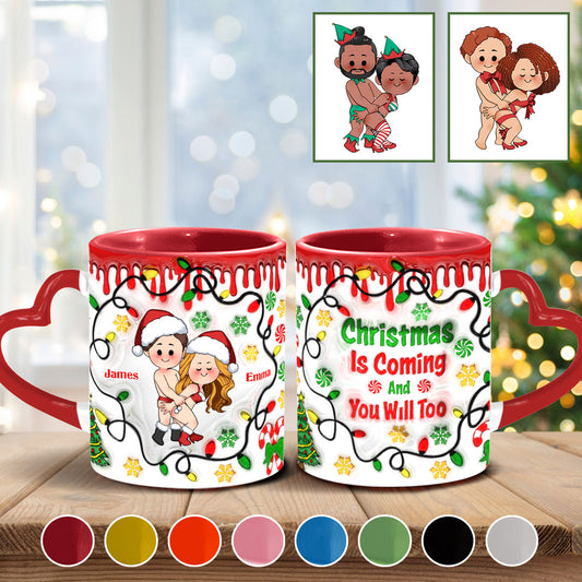 Christmas Is Coming - Personalized Couple Heart Handle Mug