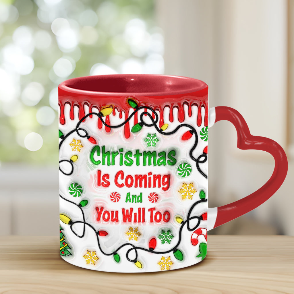Christmas Is Coming - Personalized Couple Heart Handle Mug