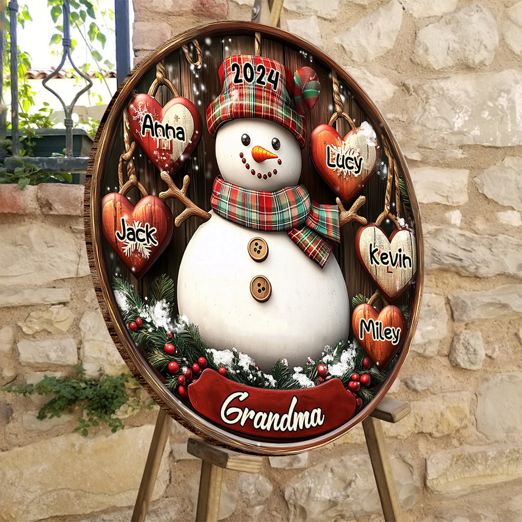 Snowman Grandma - Personalized Grandma Round Wood Sign