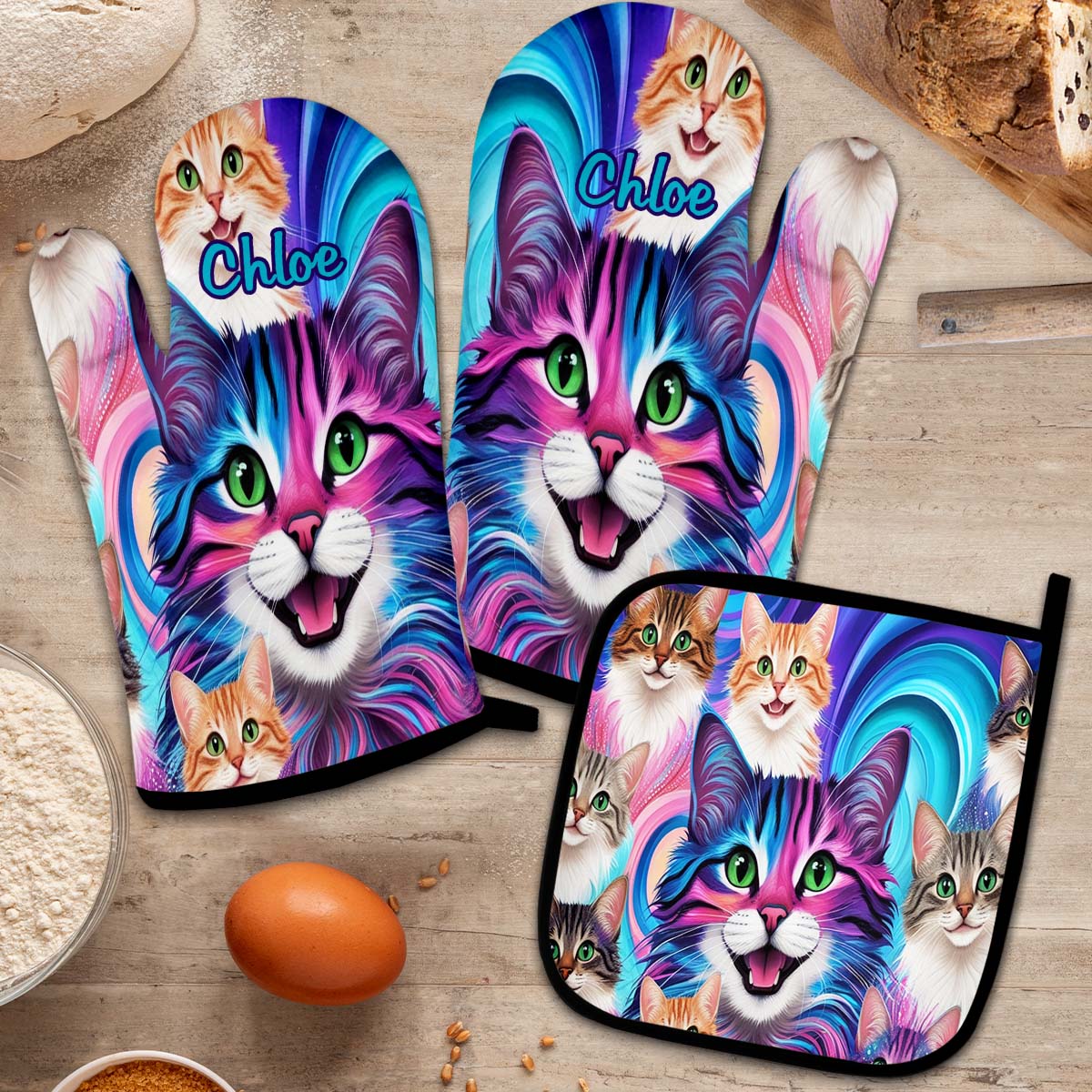 Crazy Cat Lady - Personalized Cat Oven Mitts & Pot Holder Set
