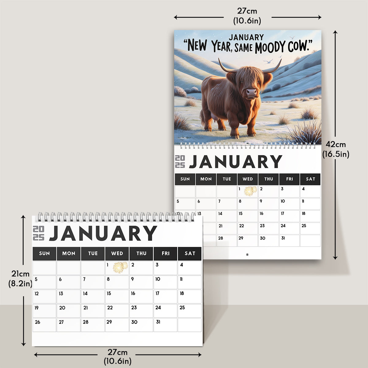Moody Highland Cow 2025 - Personalized Highland Cow Wall Calendar & Desk Calendar