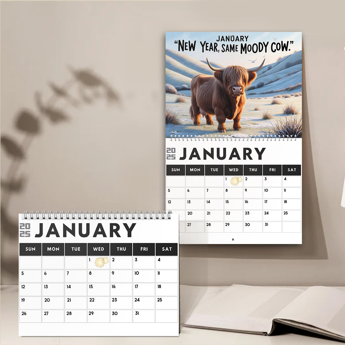 Moody Highland Cow 2025 - Personalized Highland Cow Wall Calendar & Desk Calendar