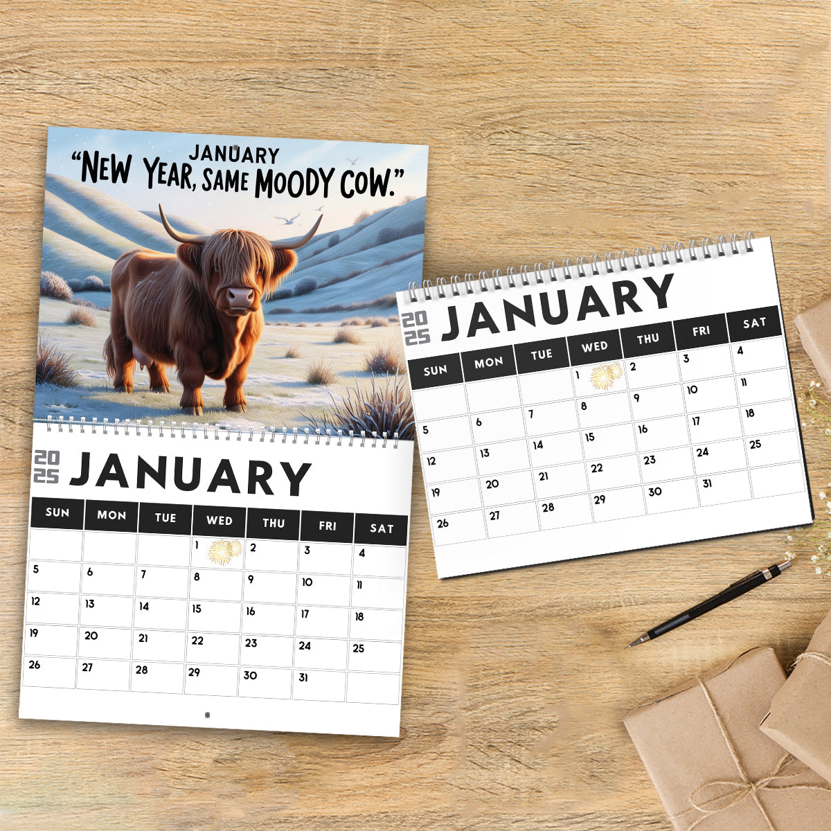 Moody Highland Cow 2025 - Personalized Highland Cow Wall Calendar & Desk Calendar
