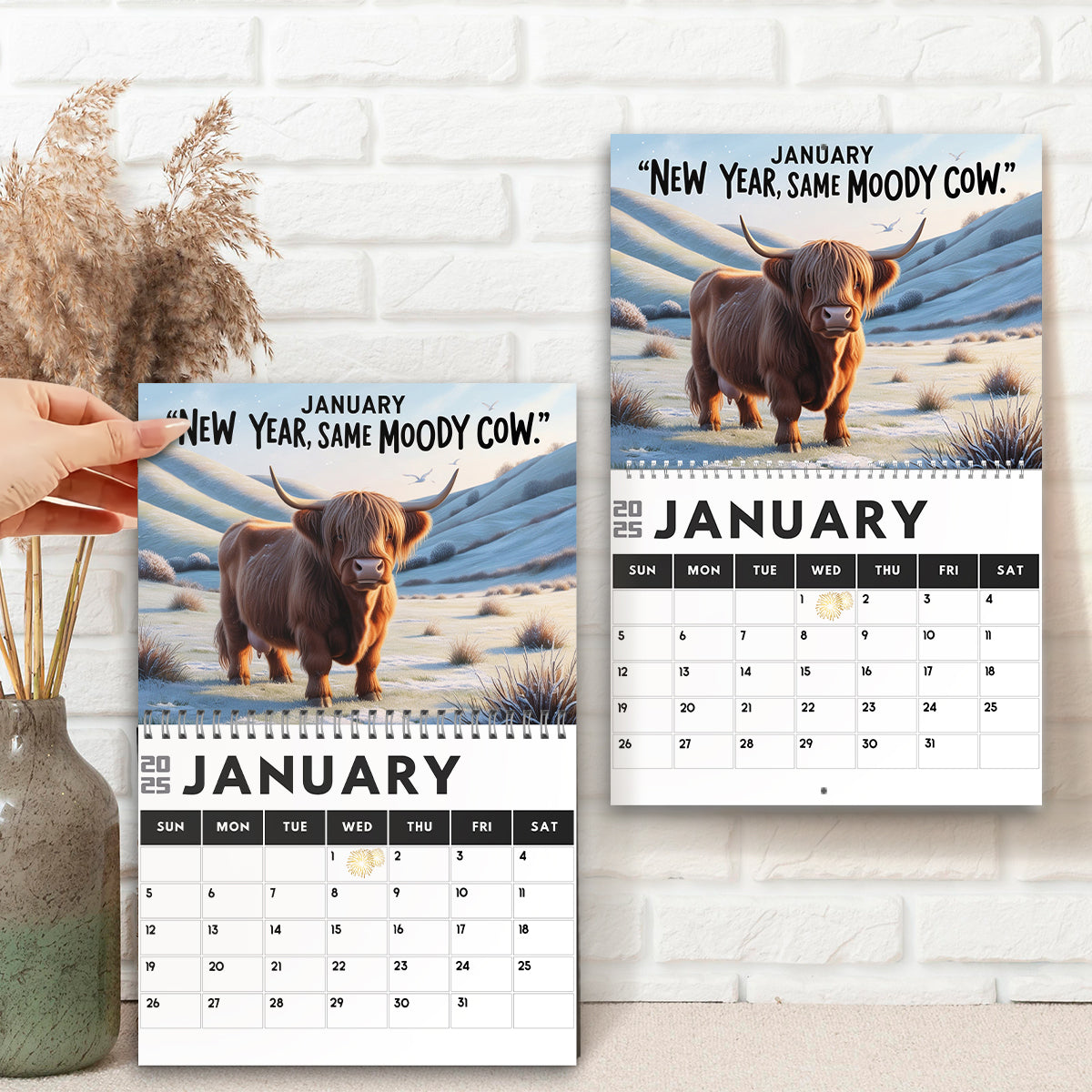 Moody Highland Cow 2025 - Personalized Highland Cow Wall Calendar & Desk Calendar