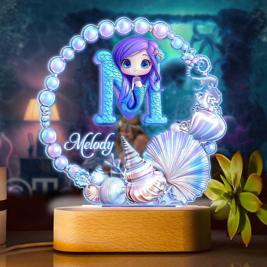 Ocean Pearl Wreath Mermaid Letter - Personalized Kid Shaped Plaque Light Base