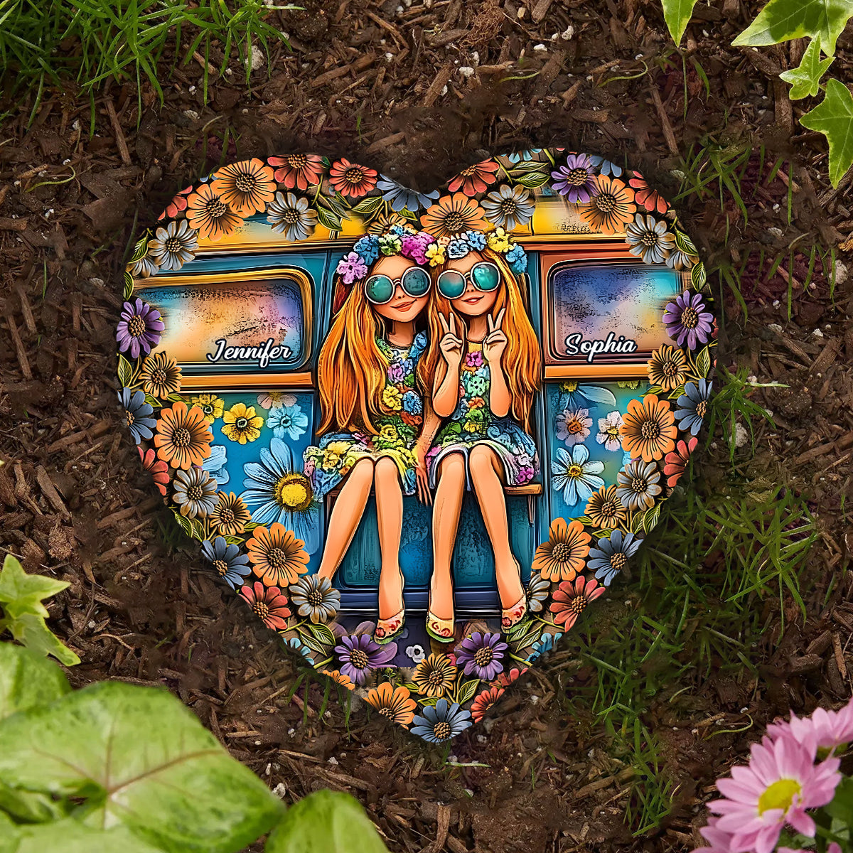 Soul Sisters Journey: Peace & Wanderlust - Personalized Hippie Heart Shaped Stone