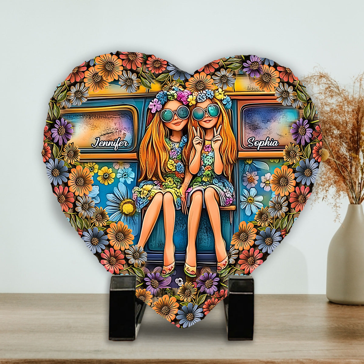 Soul Sisters Journey: Peace & Wanderlust - Personalized Hippie Heart Shaped Stone