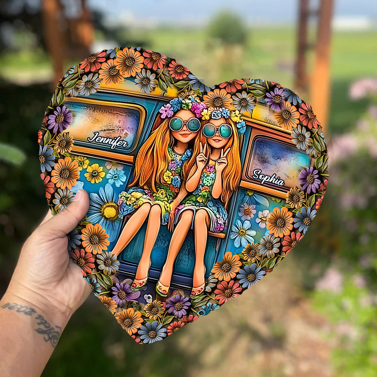 Soul Sisters Journey: Peace & Wanderlust - Personalized Hippie Heart Shaped Stone