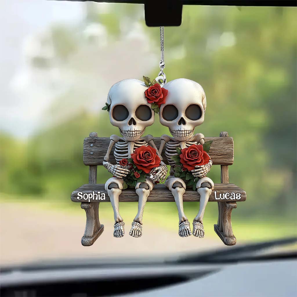 Skull Couple With Red Roses - Personalized Couple Car Ornament
