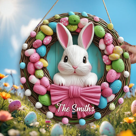 Easter Bunny Wreath - Personalized Family Custom Shaped Wood Sign