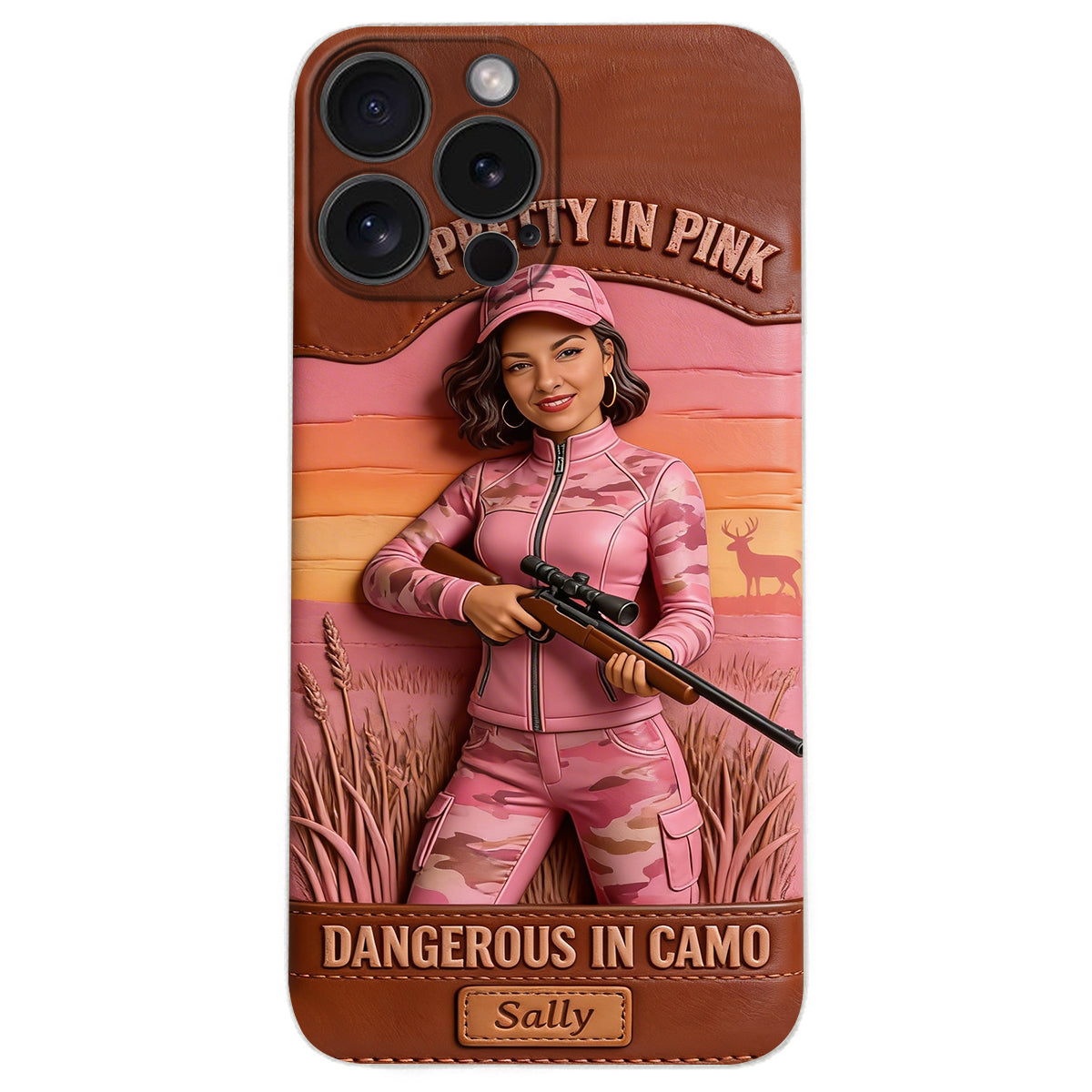 Custom Any Photo Dangerous In Camo - Personalized Hunting Leather Phone Case