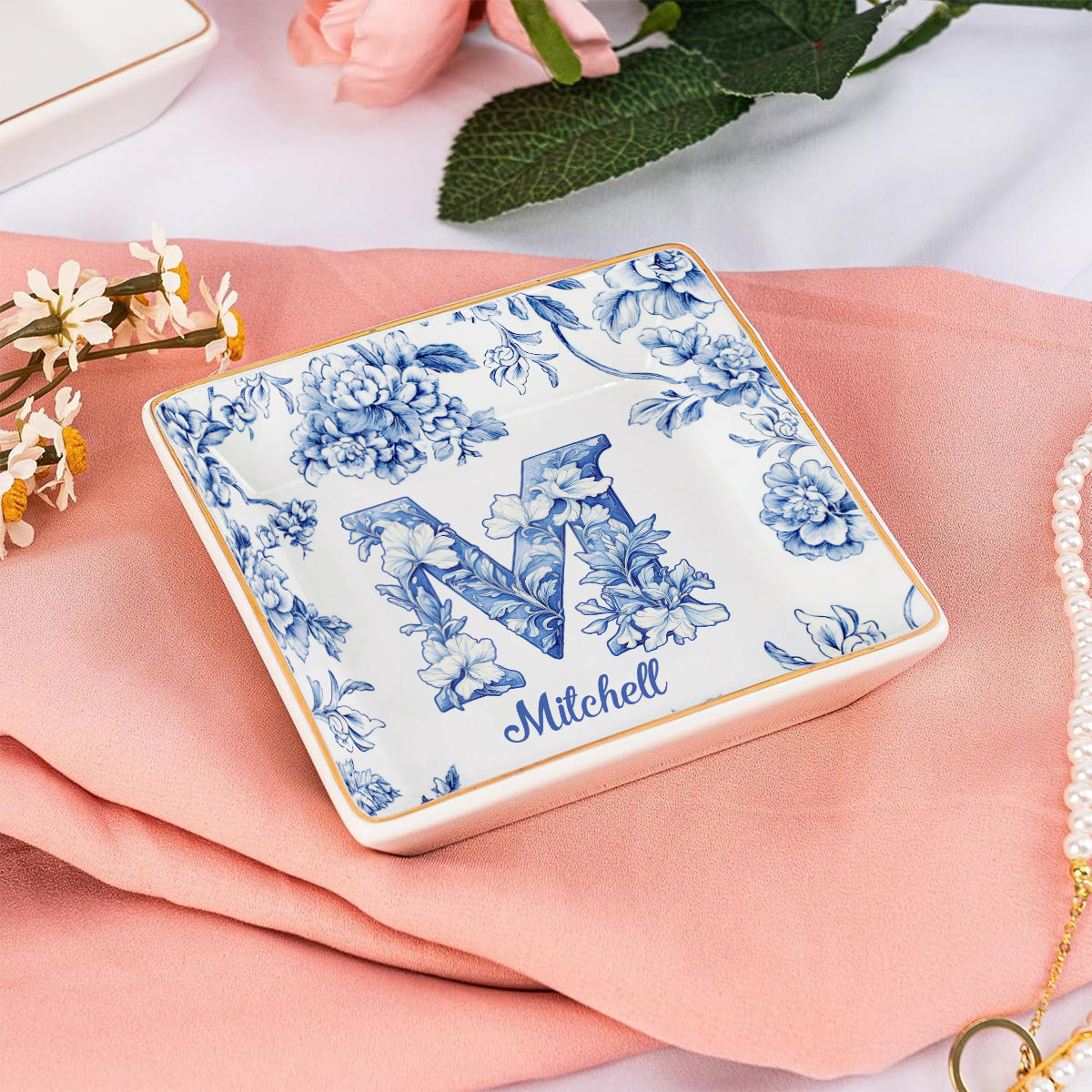 Blue & Pink Floral Toil Letter - Personalized Gift For Friend Fully Printed Jewelry Dish