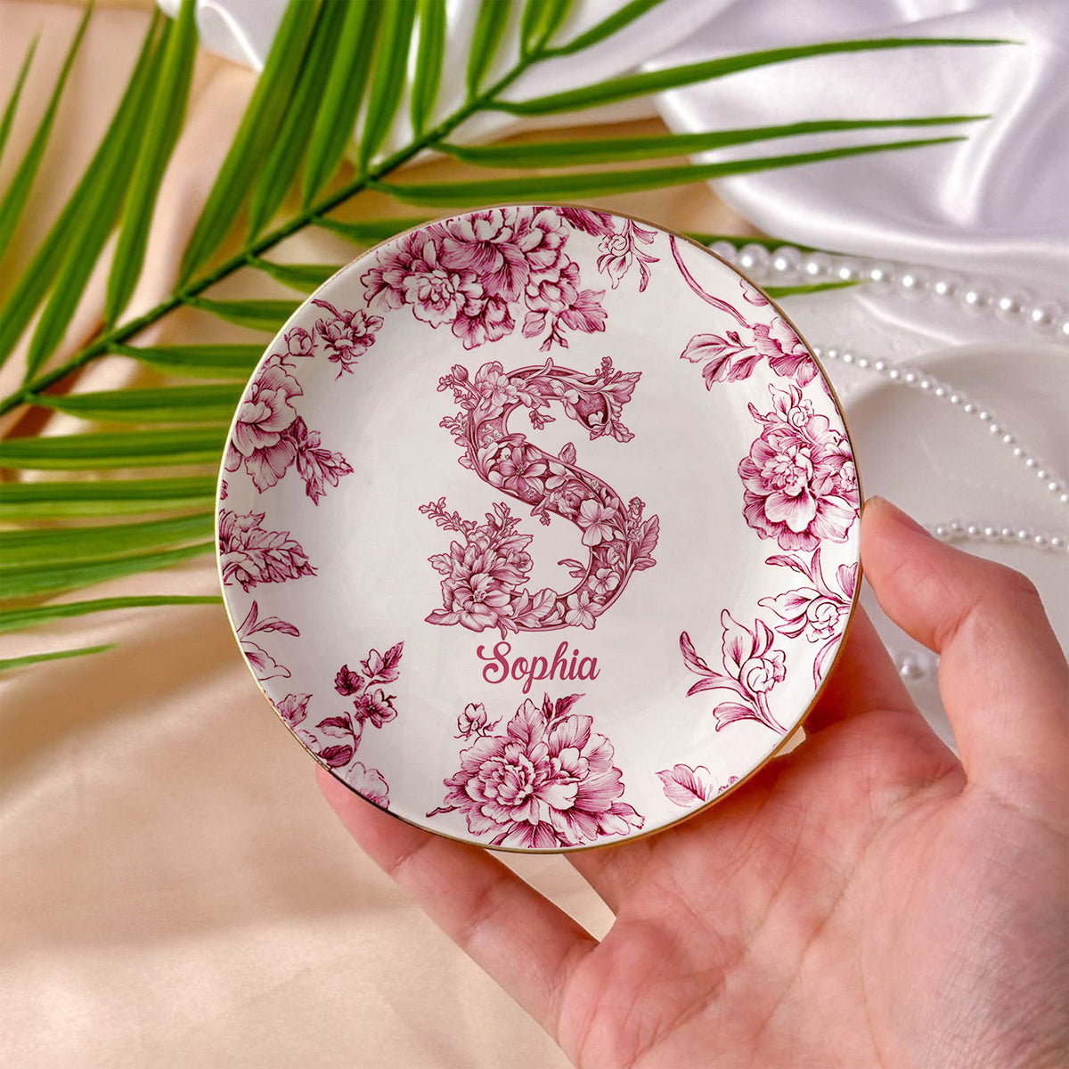 Blue & Pink Floral Toil Letter - Personalized Gift For Friend Fully Printed Jewelry Dish