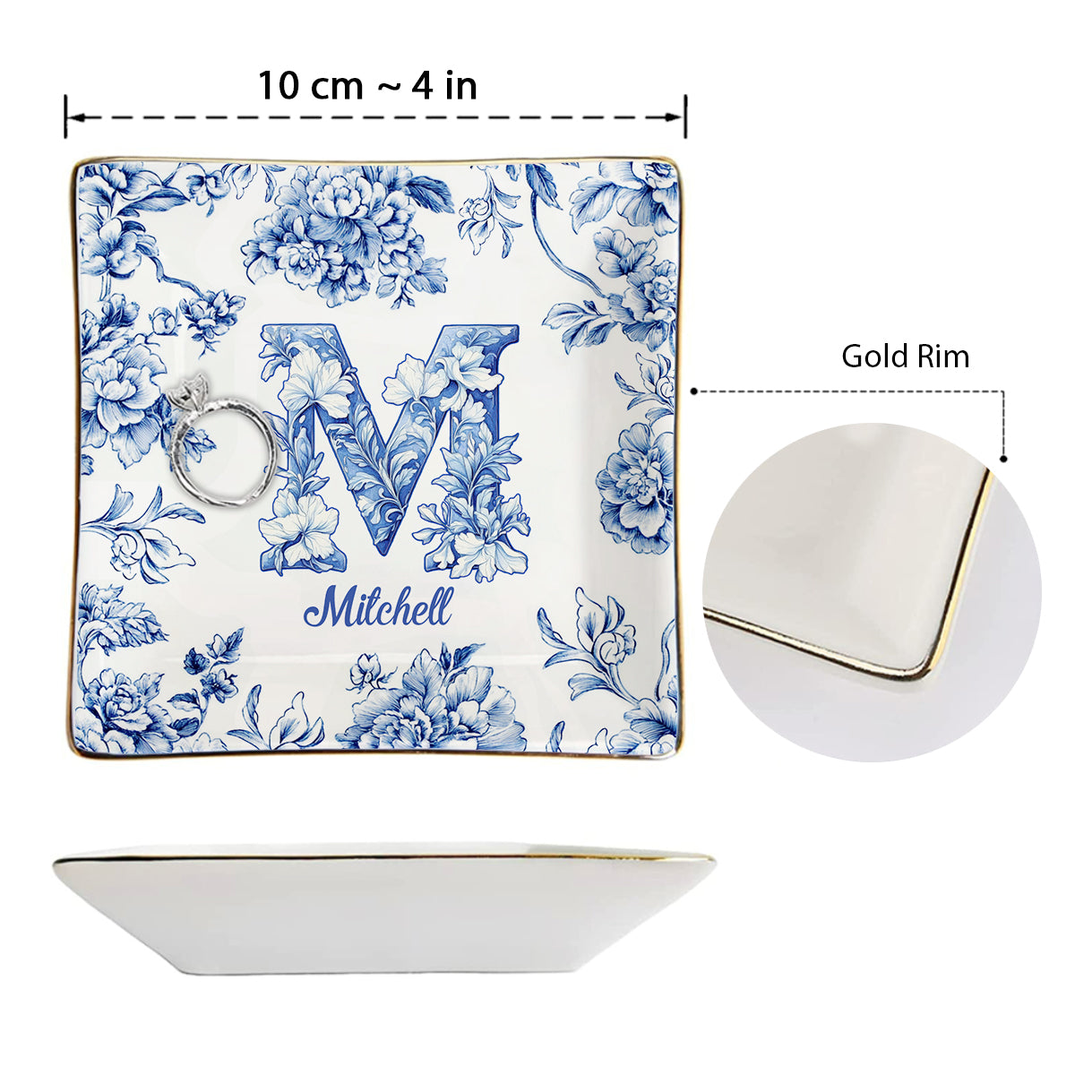 Blue & Pink Floral Toil Letter - Personalized Gift For Friend Fully Printed Jewelry Dish