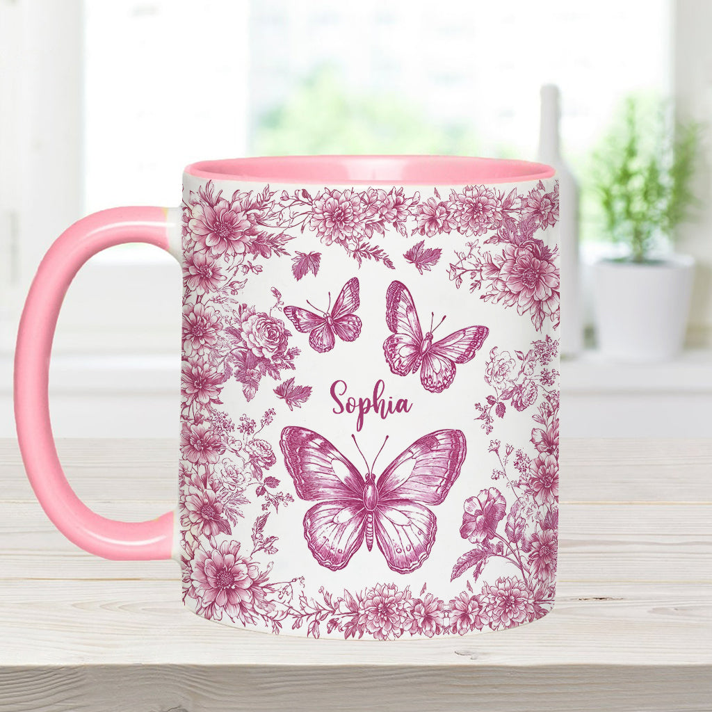 Pink Toile Butterfly - Personalized Butterfly Accent Mug