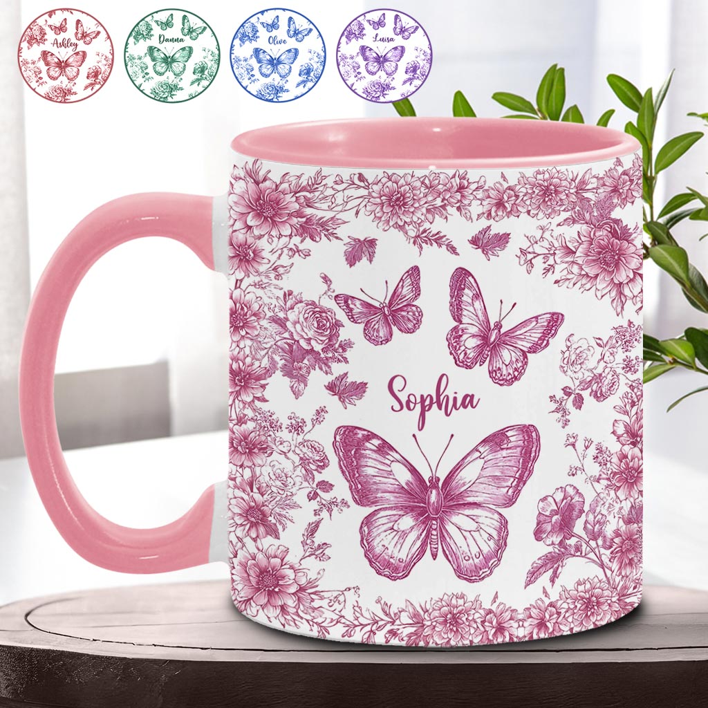 Pink Toile Butterfly - Personalized Butterfly Accent Mug