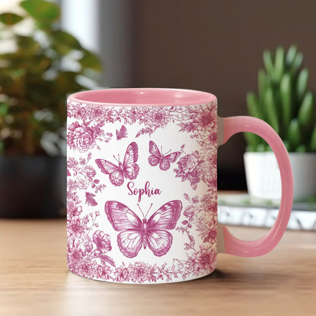 Pink Toile Butterfly - Personalized Butterfly Accent Mug