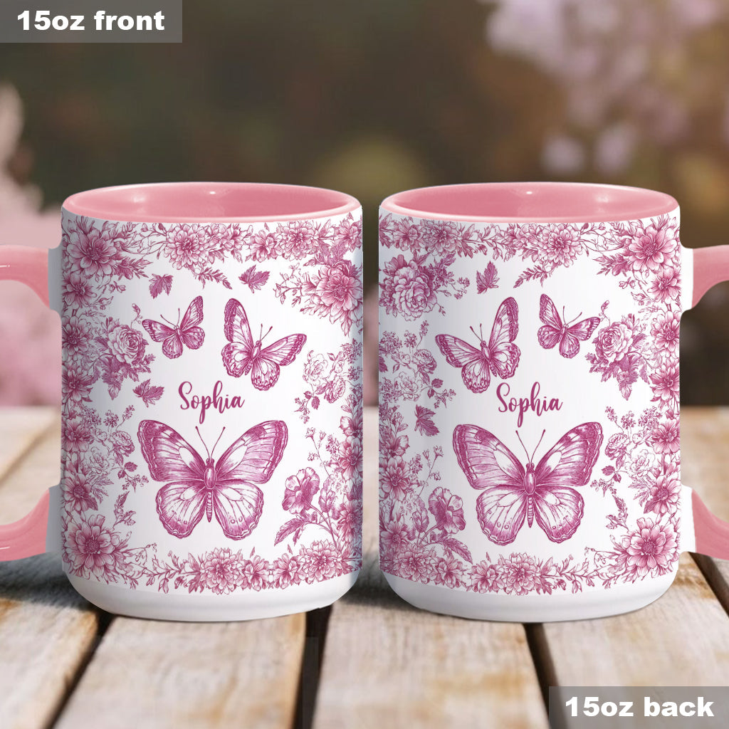 Pink Toile Butterfly - Personalized Butterfly Accent Mug