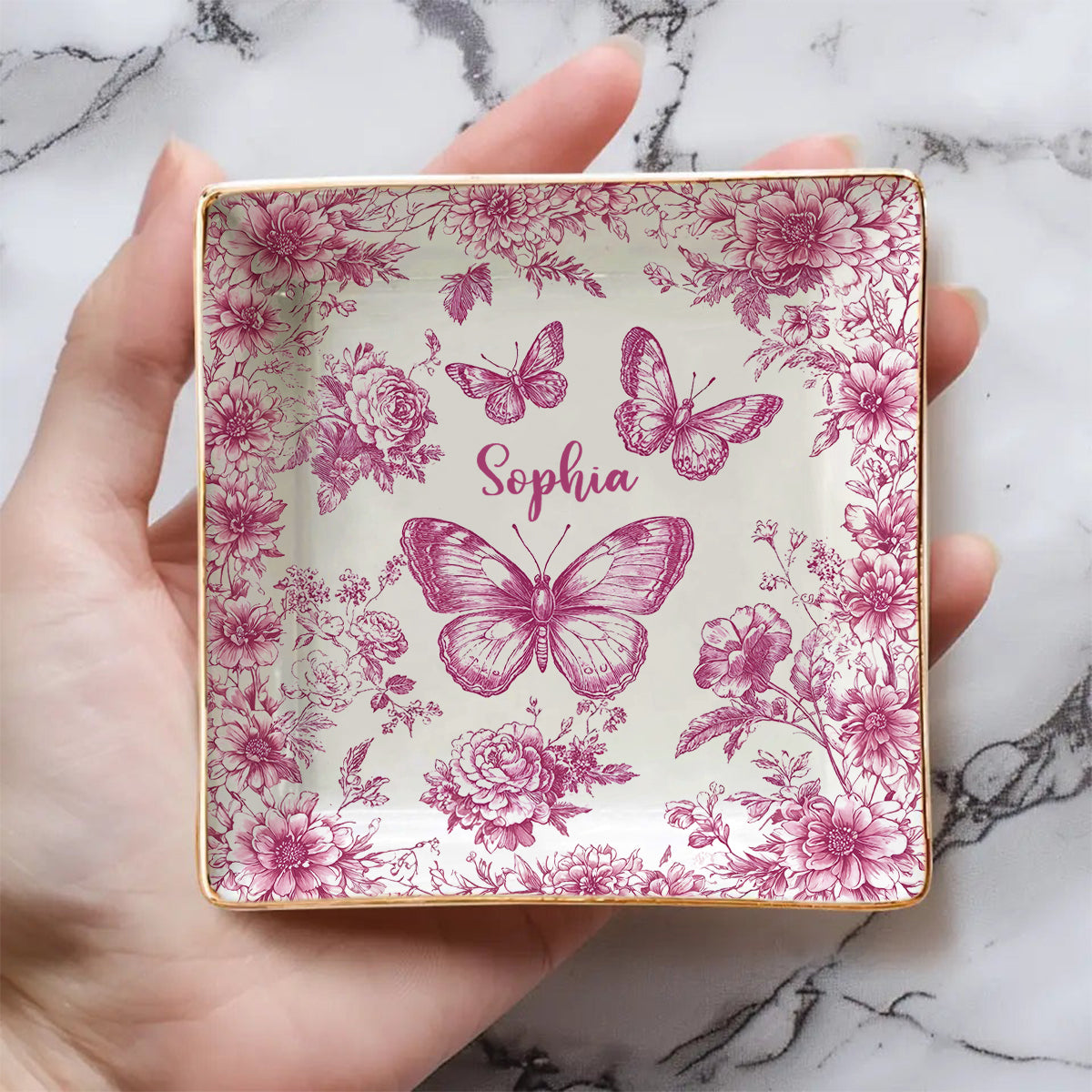 Pink Toile Butterfly - Personalized Butterfly Fully Printed Jewelry Dish