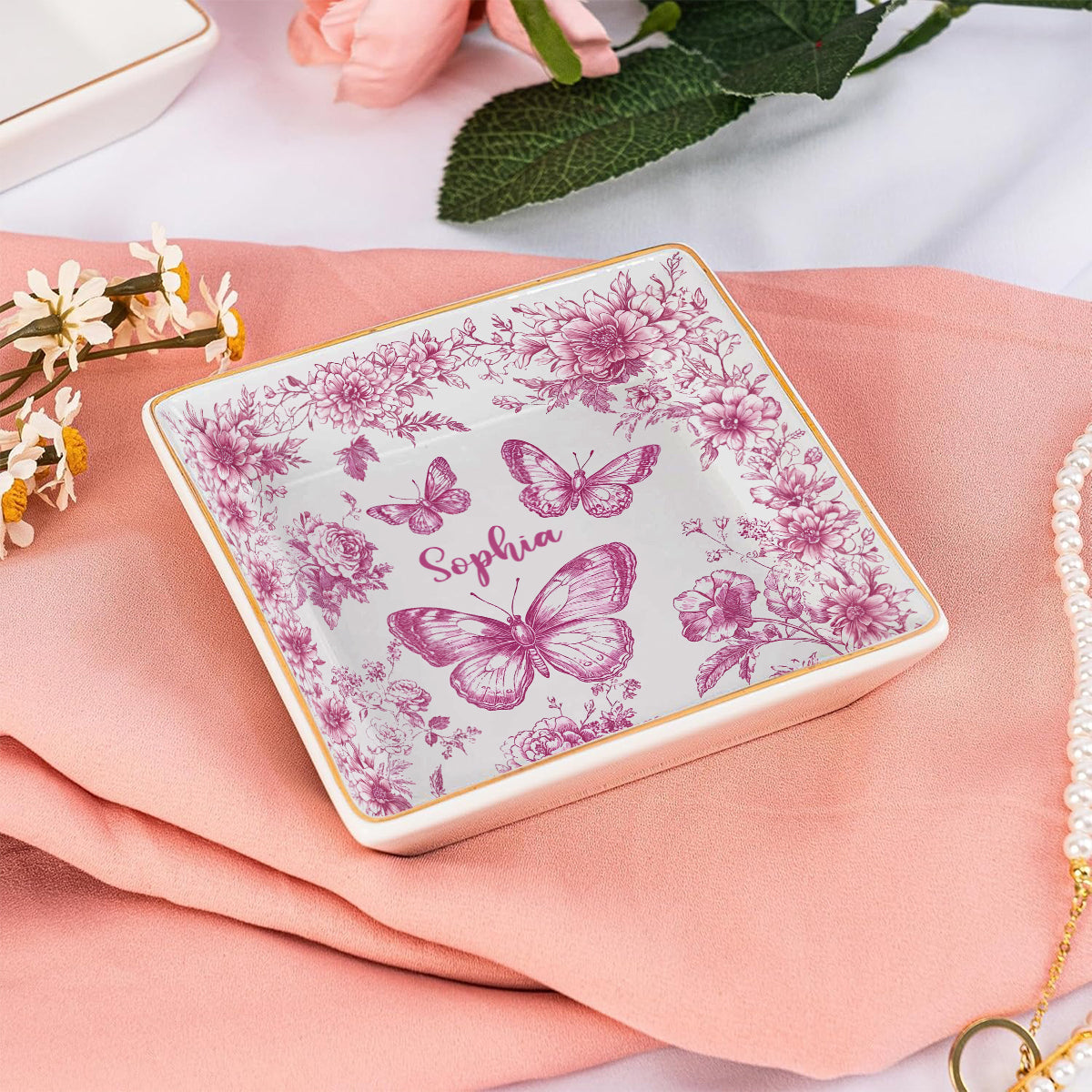 Pink Toile Butterfly - Personalized Butterfly Fully Printed Jewelry Dish