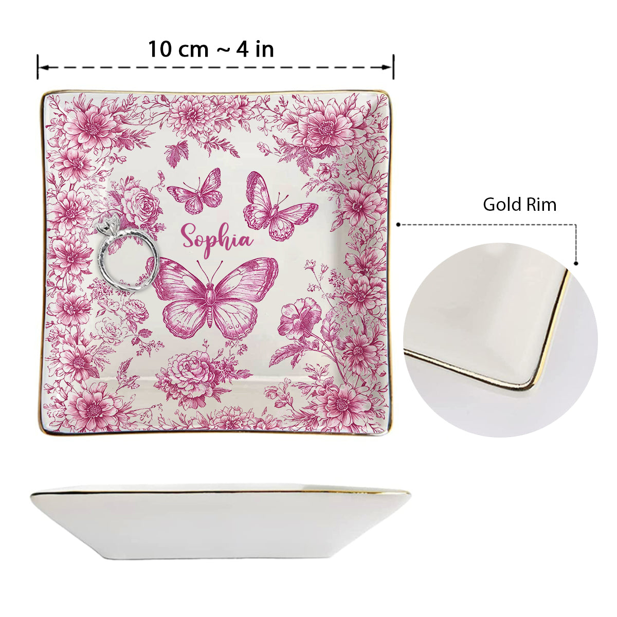 Pink Toile Butterfly - Personalized Butterfly Fully Printed Jewelry Dish
