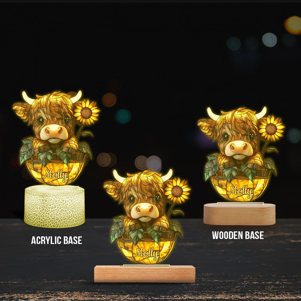 Cute Highland Cow Sunflower - Personalized Shaped Plaque Light Base