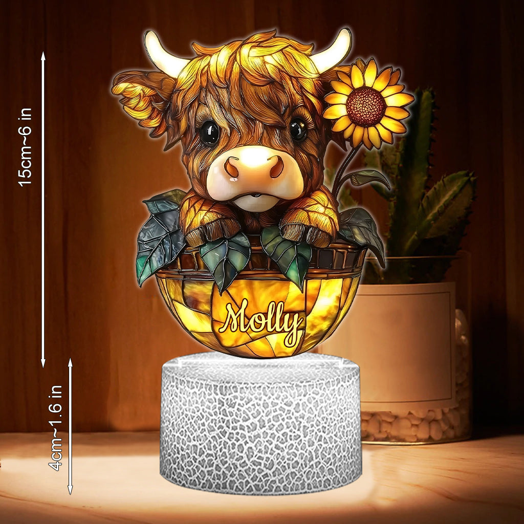 Cute Highland Cow Sunflower - Personalized Shaped Plaque Light Base