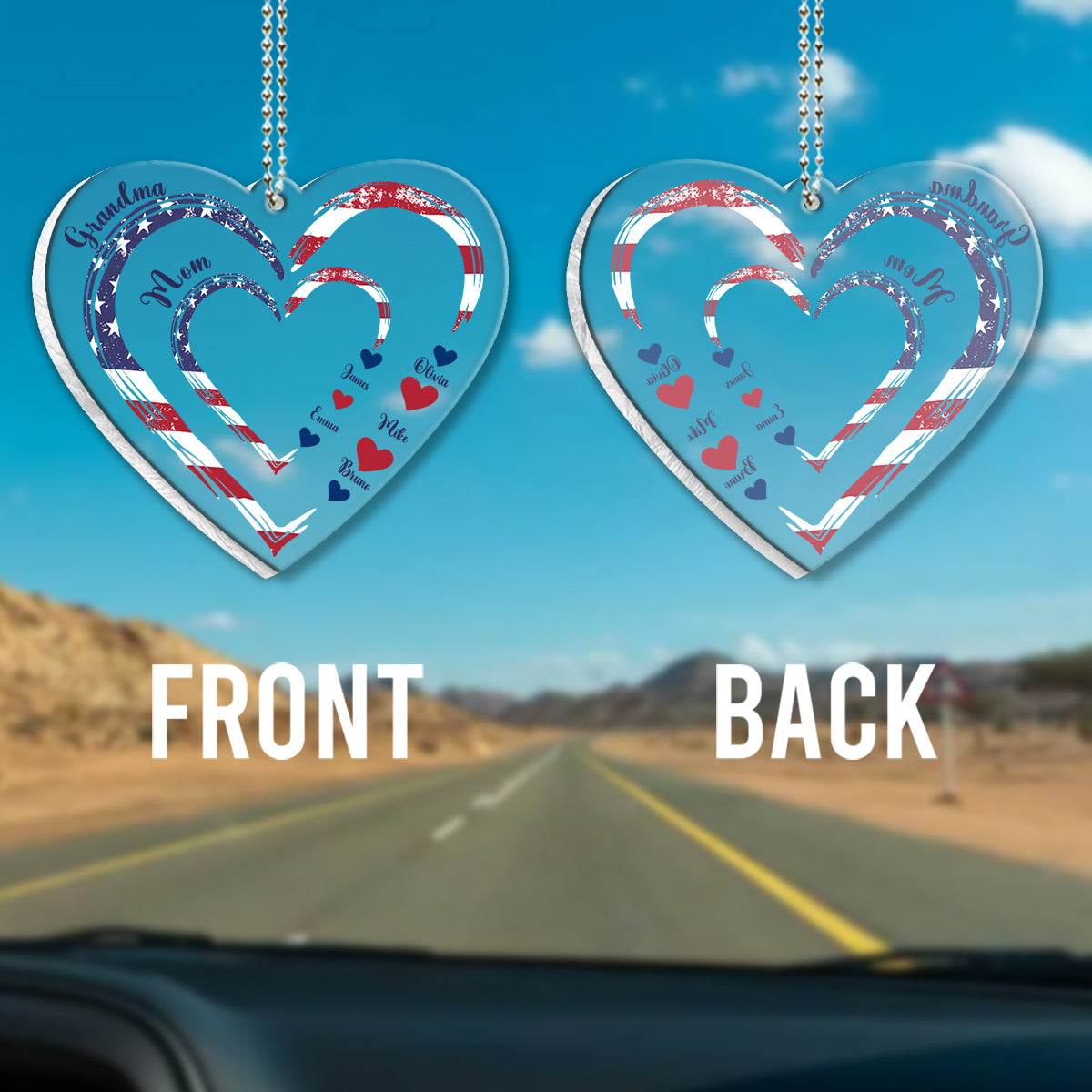 4th Of July Grandma's Hearts - Personalized Grandma Custom Shaped Car Ornament