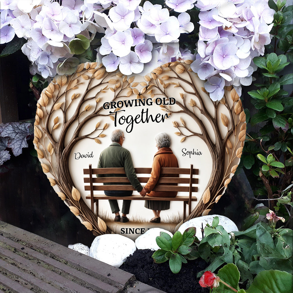 Growing Old Together - Personalized Couple Heart Shaped Stone
