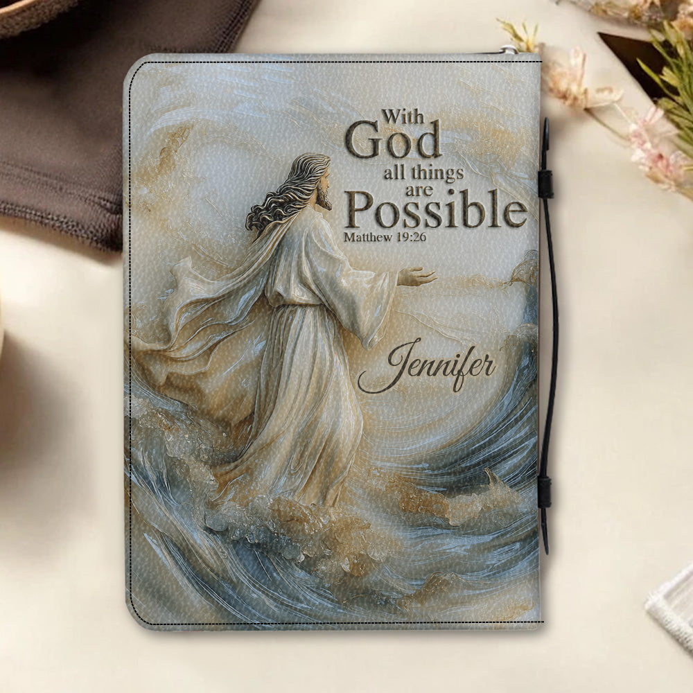 With God All Things Are Possible - Personalized Christian Leather Bible Cover Bag