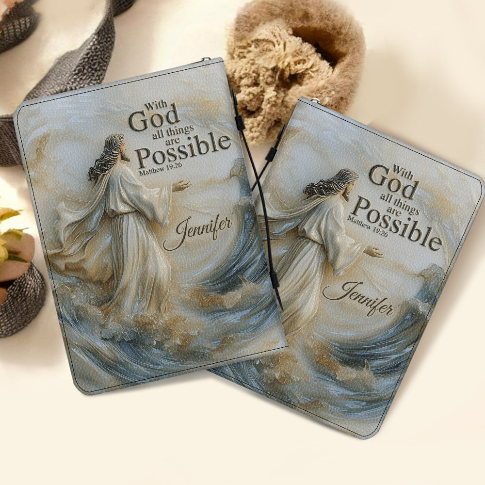 With God All Things Are Possible - Personalized Christian Leather Bible Cover Bag