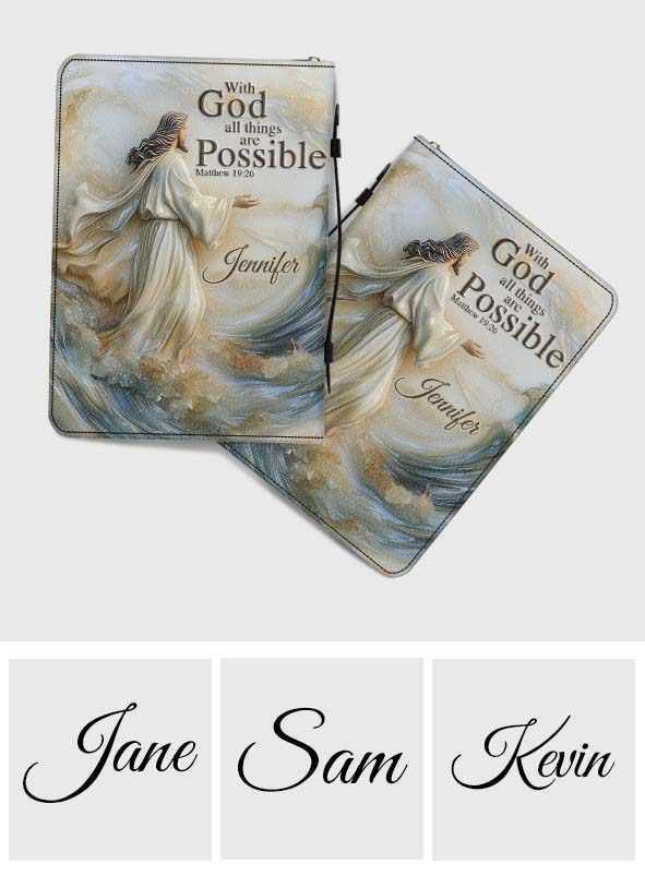 With God All Things Are Possible - Personalized Christian Leather Bible Cover Bag