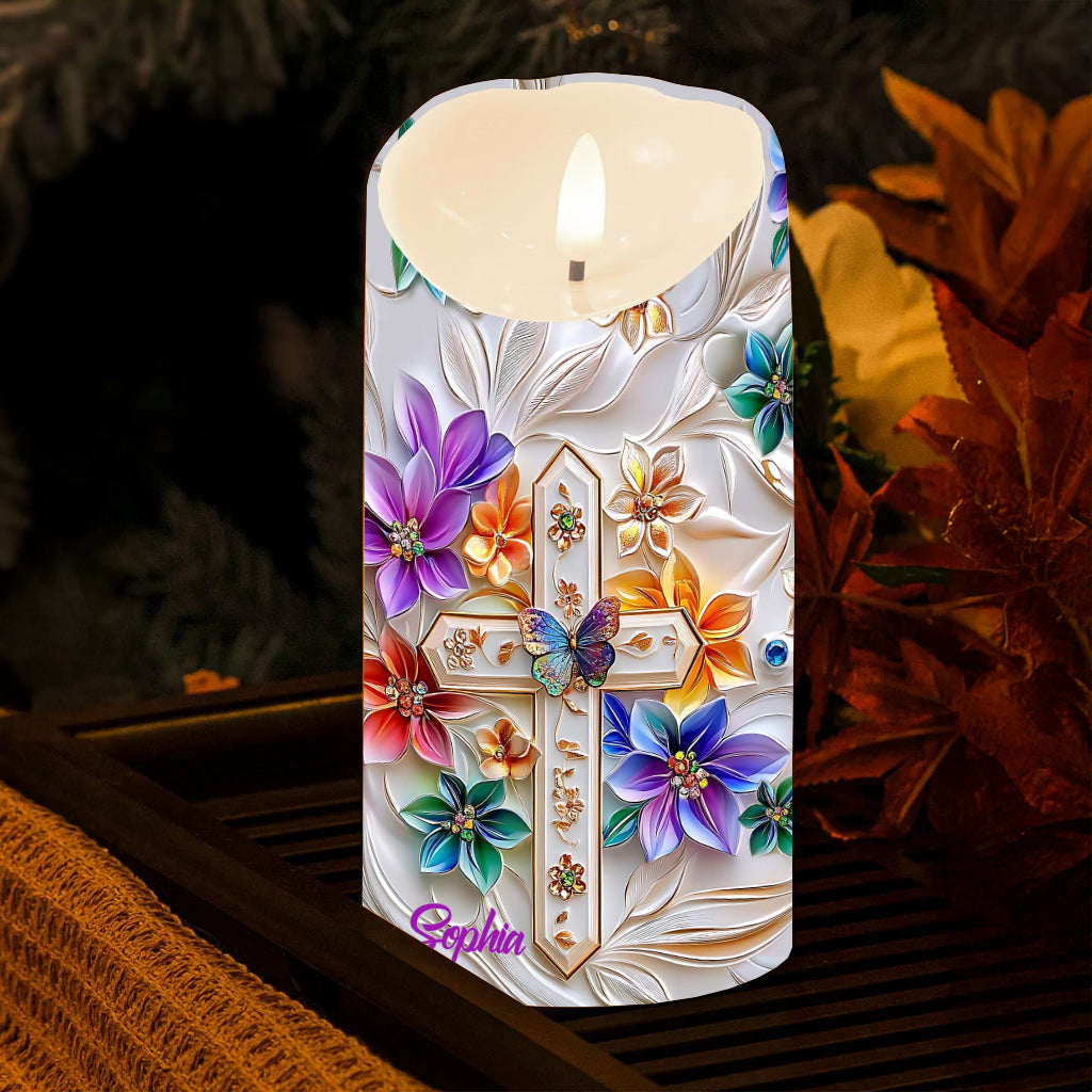 Floral Cross - Personalized Christian Flameless Candle
