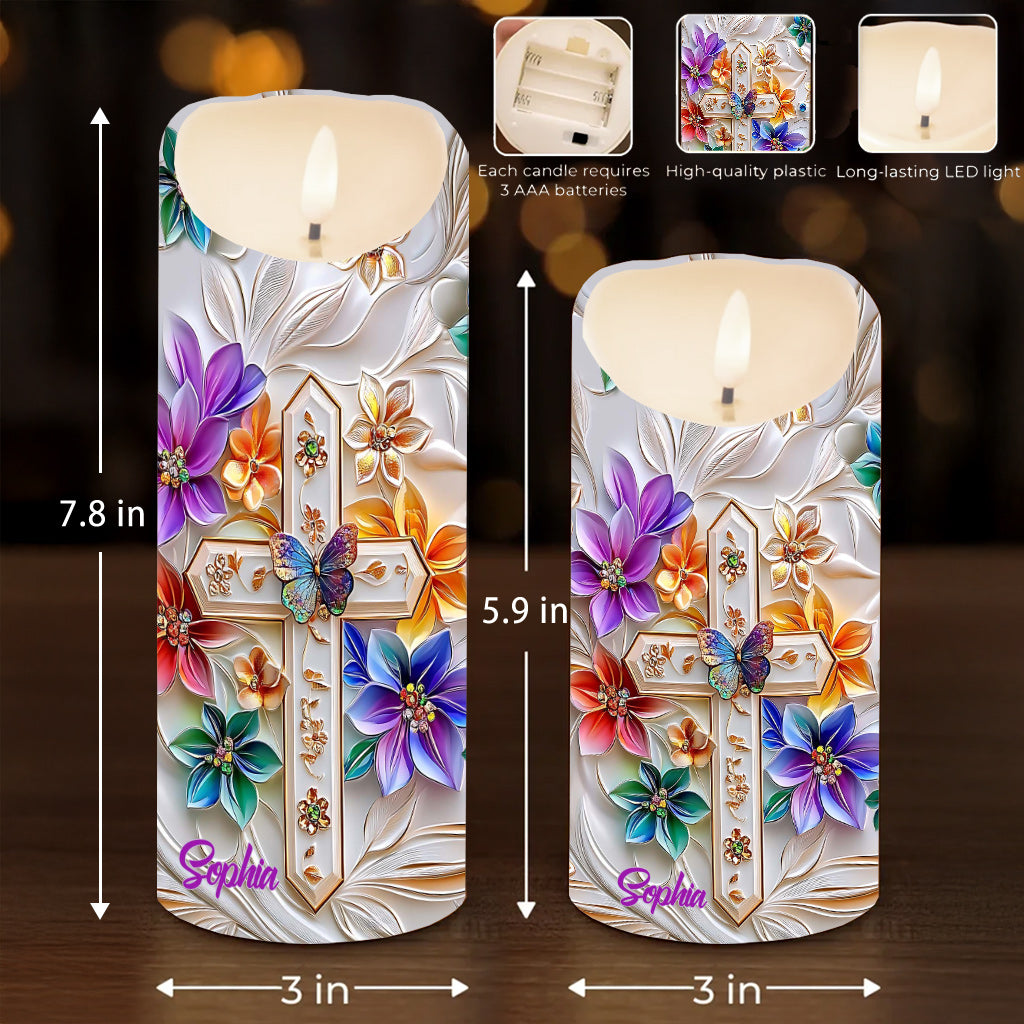 Floral Cross - Personalized Christian Flameless Candle