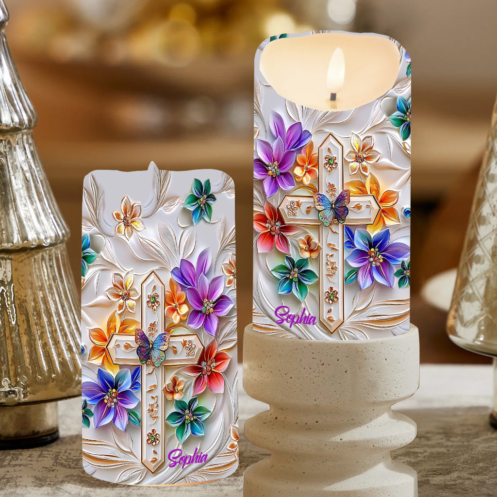 Floral Cross - Personalized Christian Flameless Candle