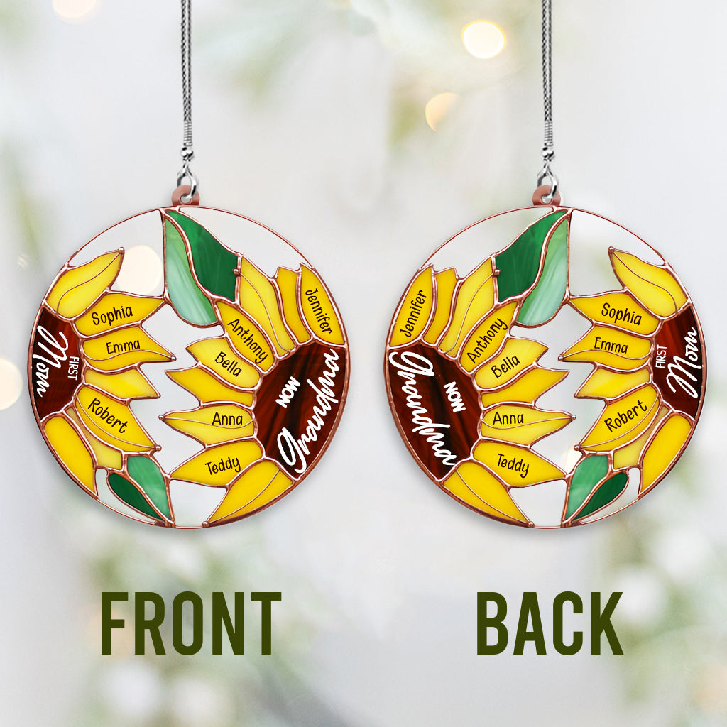 First Mom Now Grandma Sunflower - Personalized Grandma Transparent Car Ornament