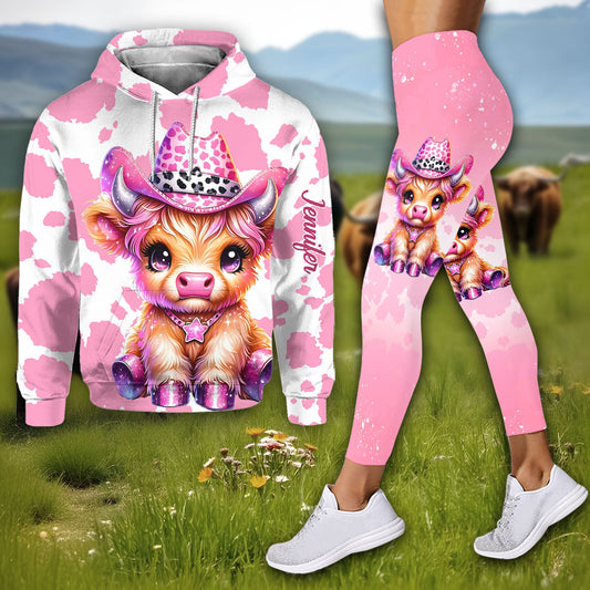 Cute Pink Highland Cow - Personalized Highland Cow Hoodie and Leggings