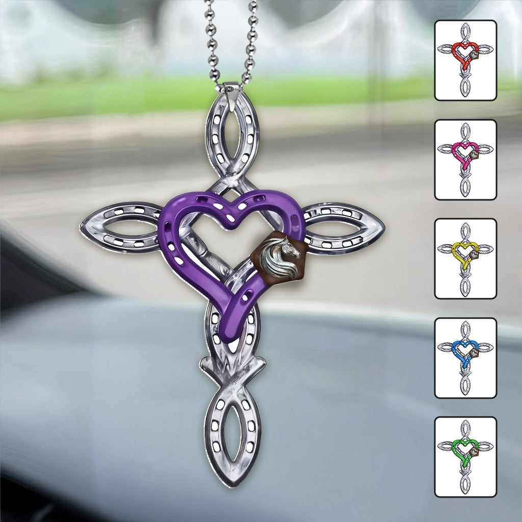 Rustic Horseshoe Cross - Personalized Horse Car Ornament