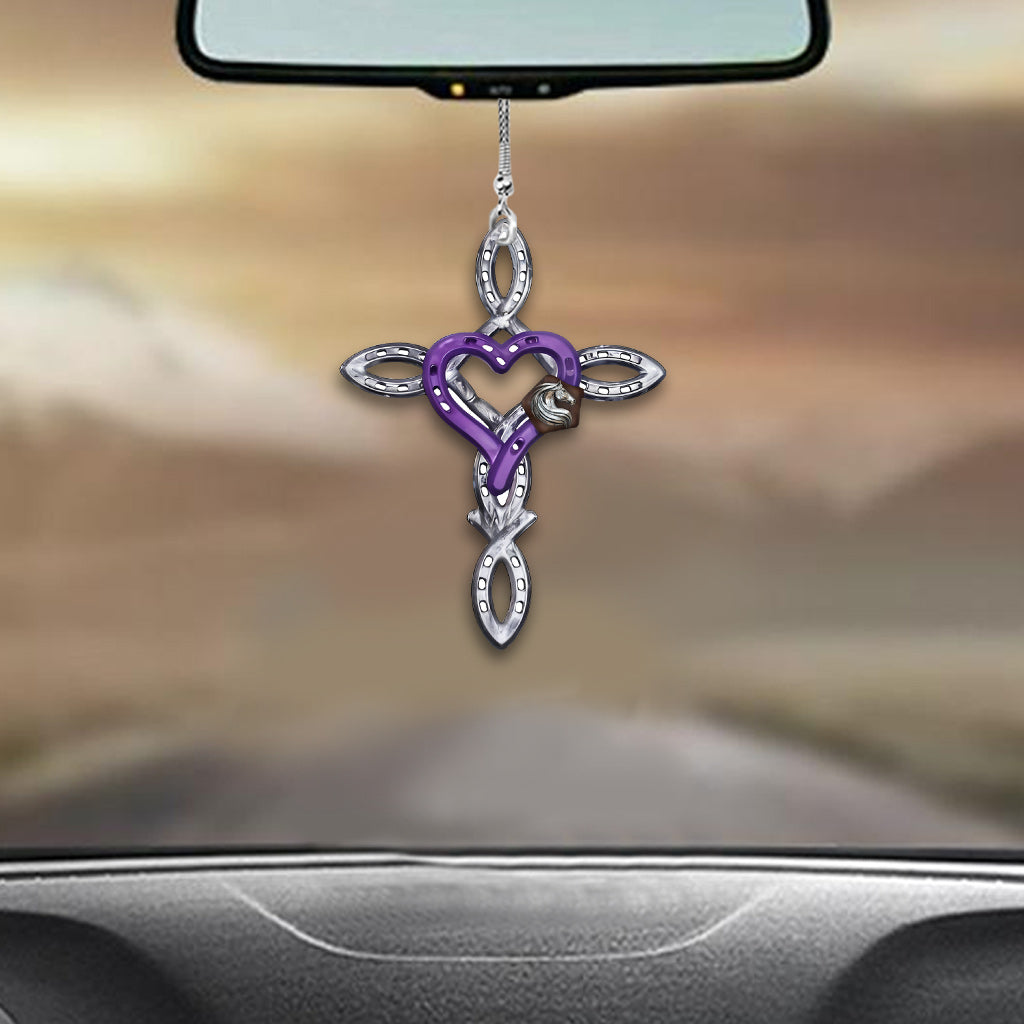 Rustic Horseshoe Cross - Personalized Horse Car Ornament