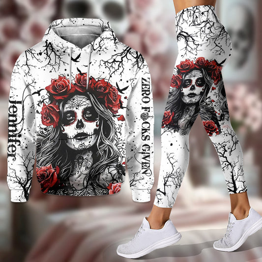 Skull And Red Roses - Personalized Skull Hoodie and Leggings