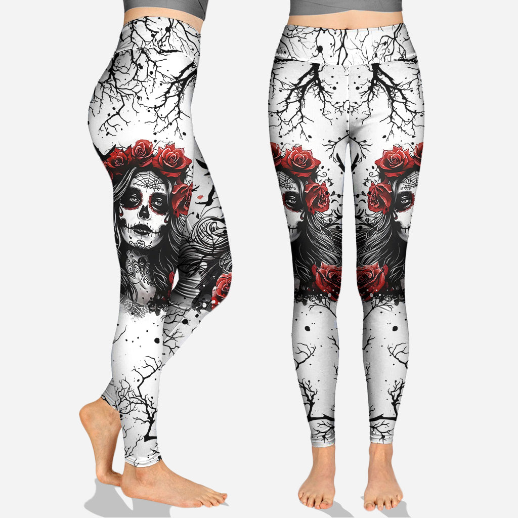 Skull And Red Roses - Personalized Skull Hoodie and Leggings