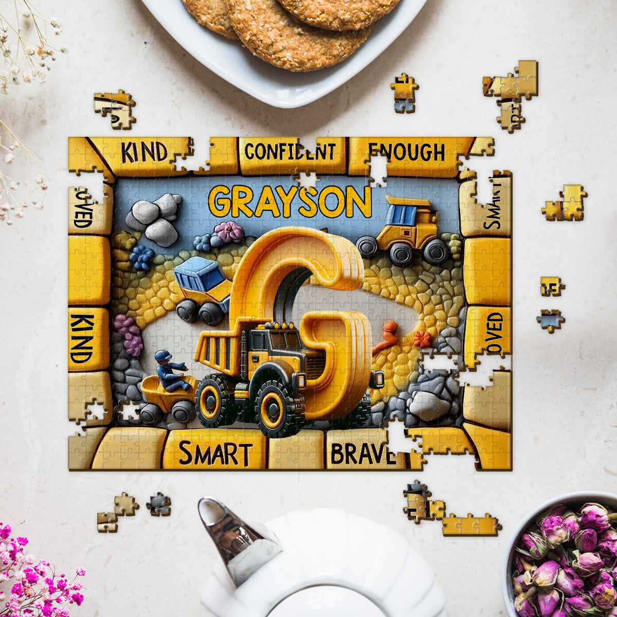 Construction Vehicles Letter Gift For Grankids - Personalized Kid Jigsaw Puzzle