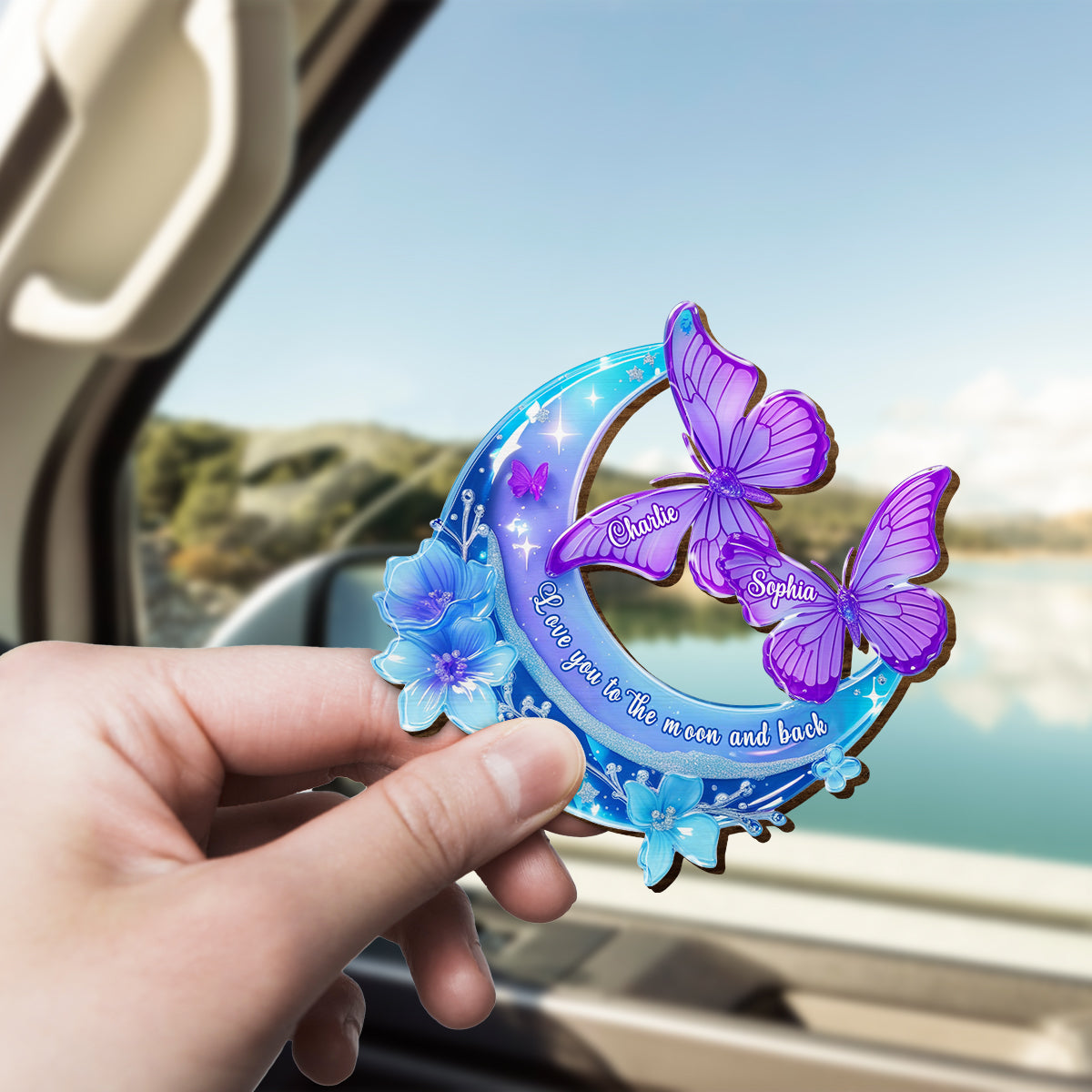 Love you to the moon and back - Personalized Couple Shaped Car Visor Clip