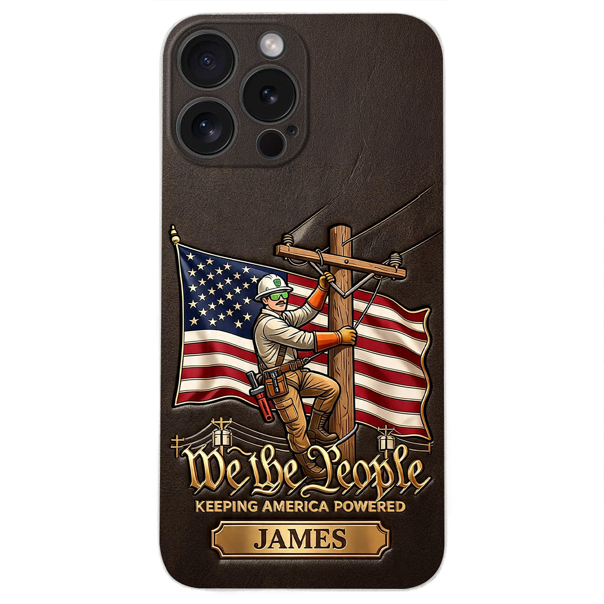 We The People - Personalized Lineman 3D Embossed Leather Phone Case