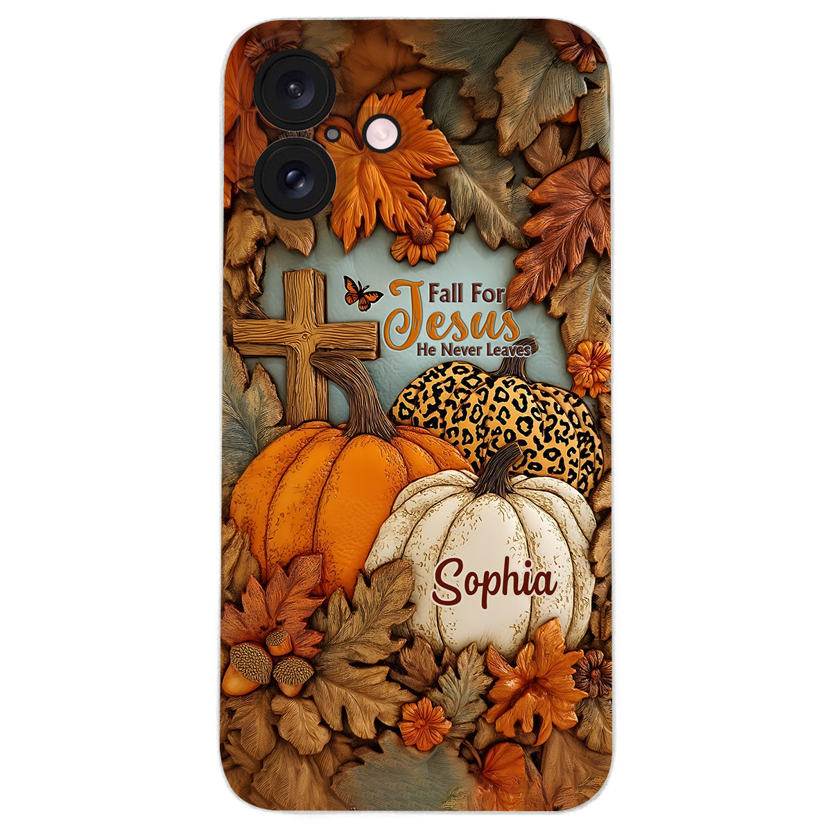 Fall for Jesus, He Never Leaves - Personalized Christian Leather Phone Case