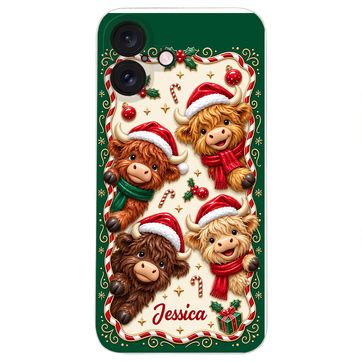 Merry Christmas Cute Highland Cows - Personalized Highland Cow 3D Embossed Leather Phone Case