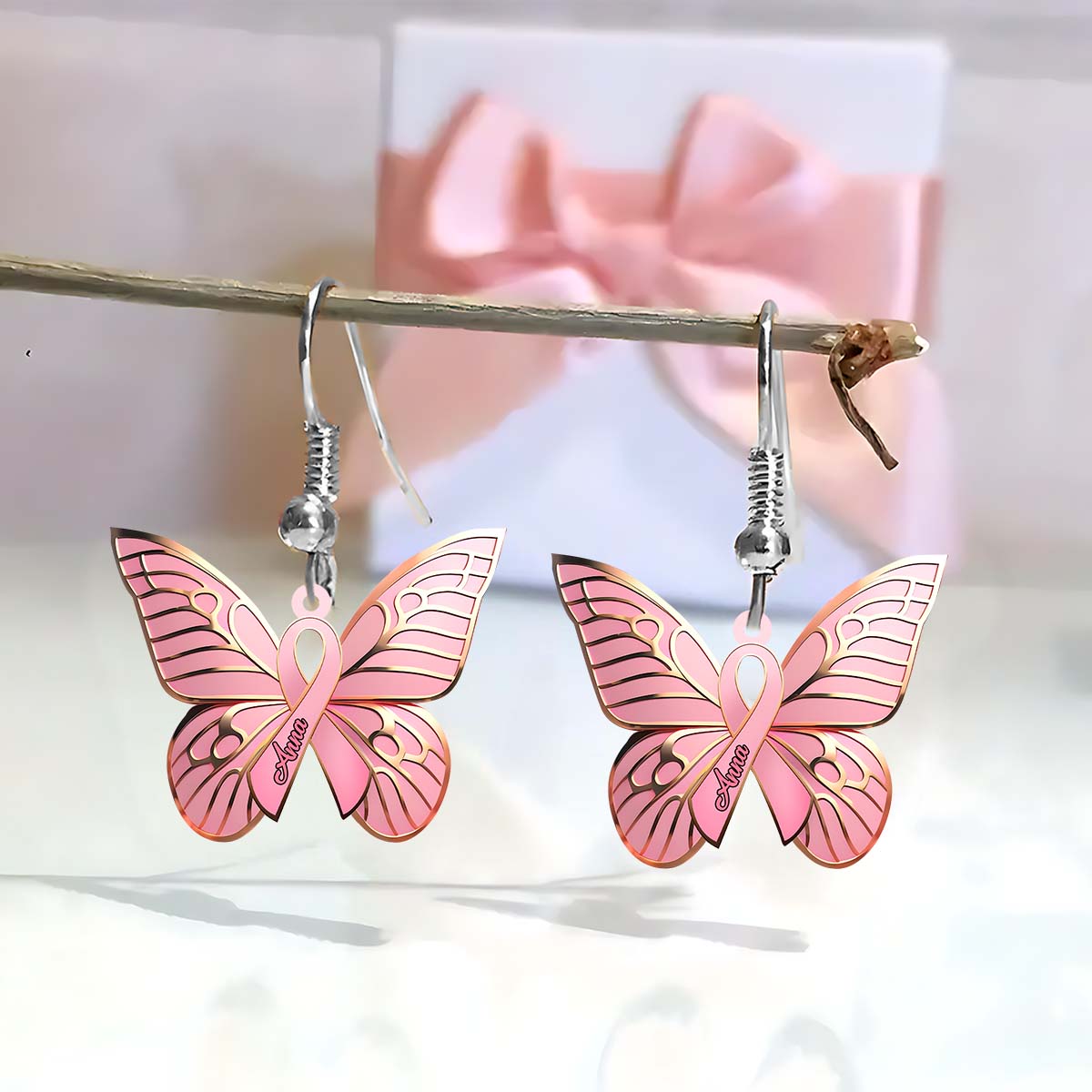 Hope Butterfly - Personalized Breast Cancer Awareness Earrings