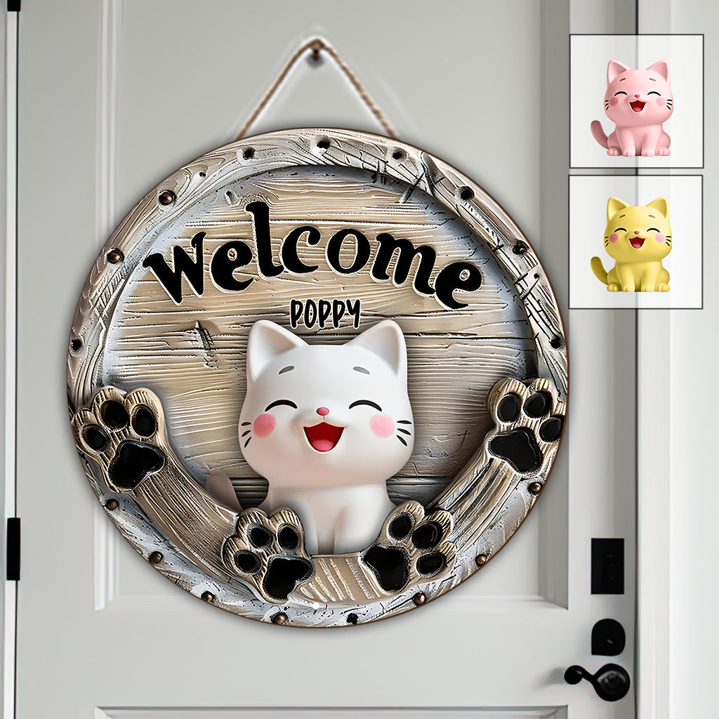 Welcome Cute Cats - Personalized Cat Round Wood Sign