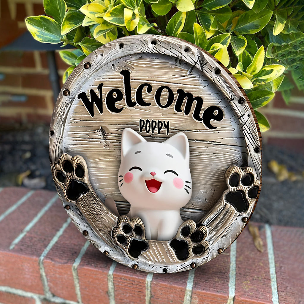 Welcome Cute Cats - Personalized Cat Round Wood Sign
