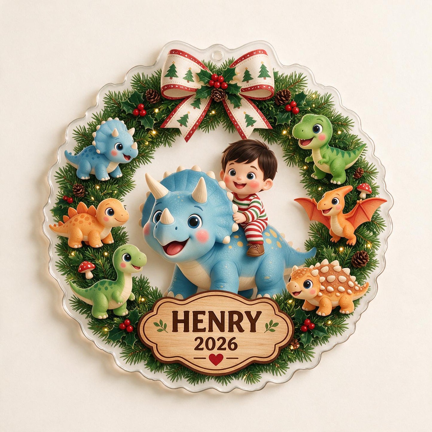 Personalized Christmas Acrylic Ornament - Cute Boy Riding Blue Triceratops with Dinosaur Wreath, Custom Name & Year Gift for Kids